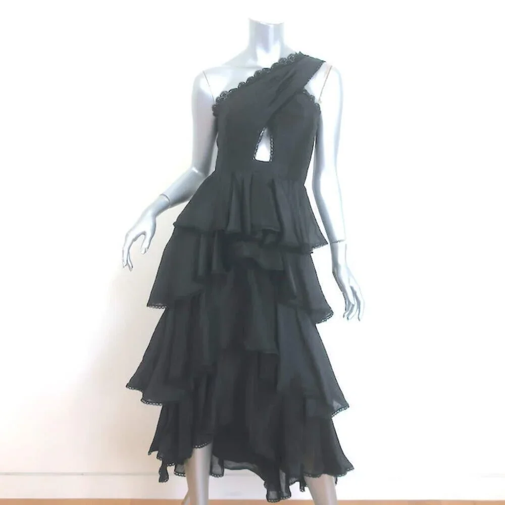 AMUR Lena One-Shoulder Cutout Midi Dress Black Ruffled Linen-Silk Size 00 - Picture 1 of 7